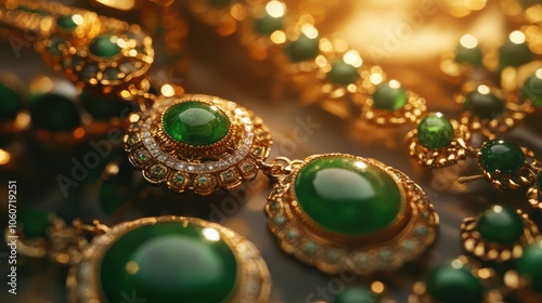 luxurious jade jewelry pieces, including elegant earrings and a stunning necklace, sparkling under soft lighting, showcasing the rich green hues and intricate craftsmanship that define opulence.