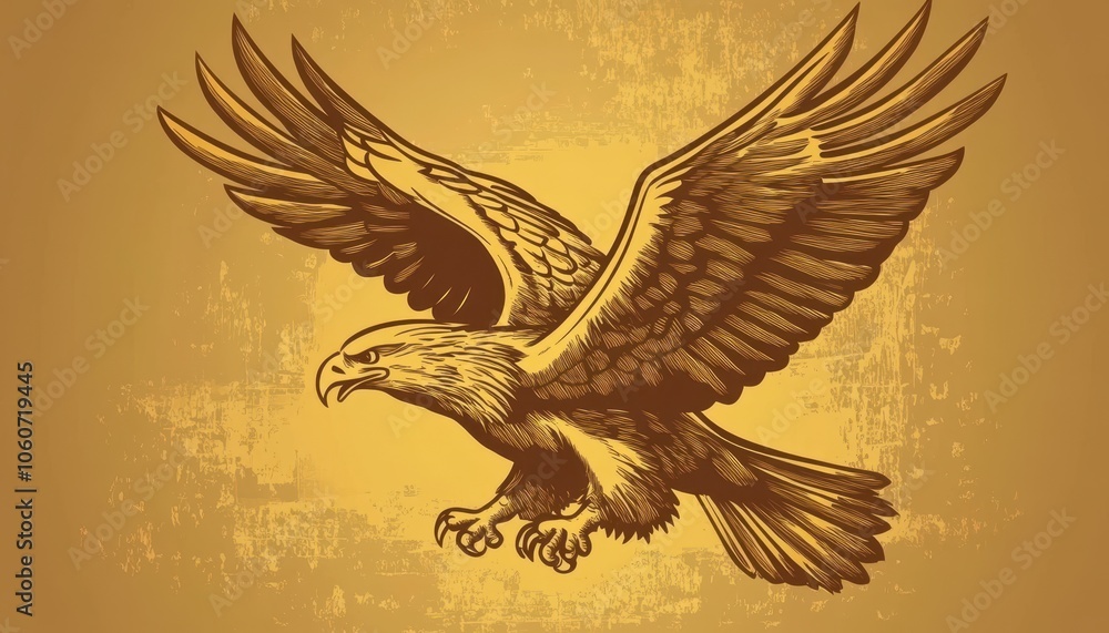 Obraz premium Engraved eagle mascot soaring with wings extended in vintage style artwork