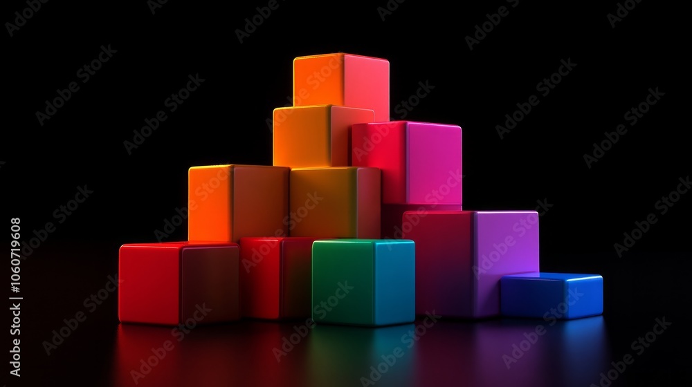 Geometric 3D blocks in various shapes against a dark background. Geometric 3D blocks in various shapes against a dark background.