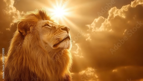 Majestic lion of Judah gazes at sunset, embodying strength and power