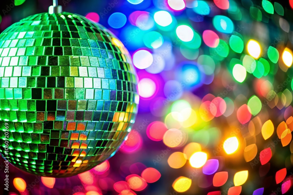 Obraz premium Shiny Green Disco Ball in a Vibrant Setting with Copy Space for Creative Designs and Party Themes