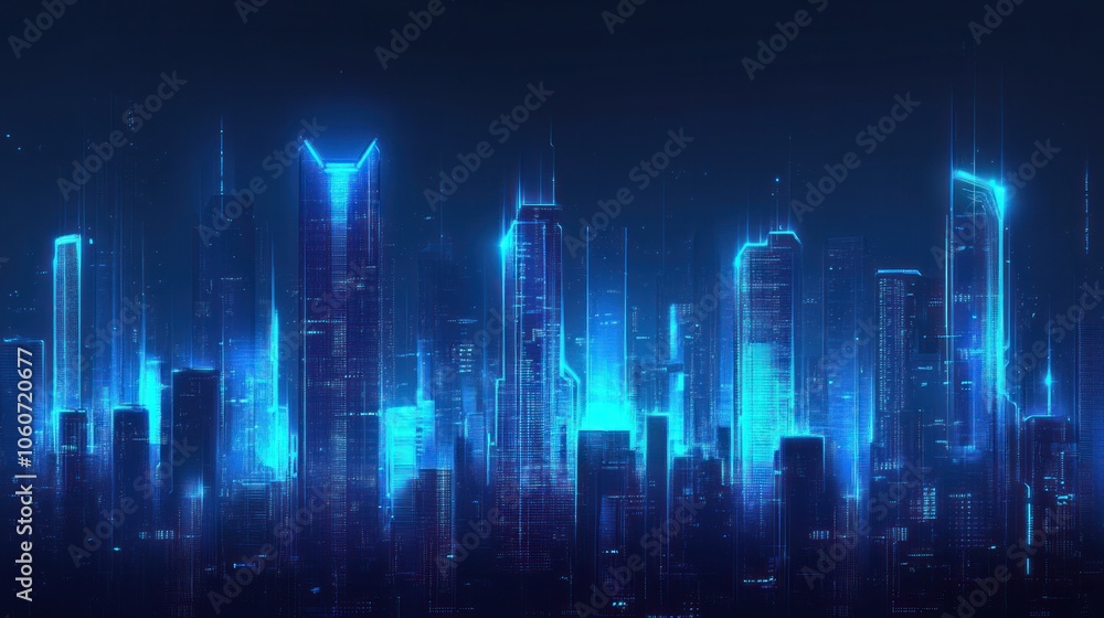 Cityscape background with blue neon lights for a futuristic feel.
Cityscape background with blue neon lights for a futuristic feel.