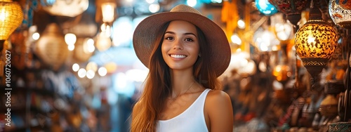 A photograph of an attractive young woman in her early thirties, standing amidst the vibrant and bustling atmosphere of an earthy-colored bohemian market shop with hanging lights