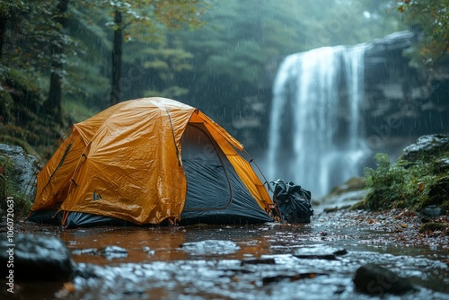 Wallpaper Mural A Yellow Tent Pitched Near a Waterfall in the Rain Torontodigital.ca