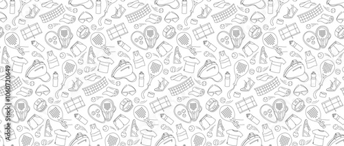 Seamless Padel Tennis Pattern with Rackets, Balls, and Accessories. Line Art Padel Tennis Equipment background Sports Gear, Apparel. Seamless doodle pattern vector illustration.