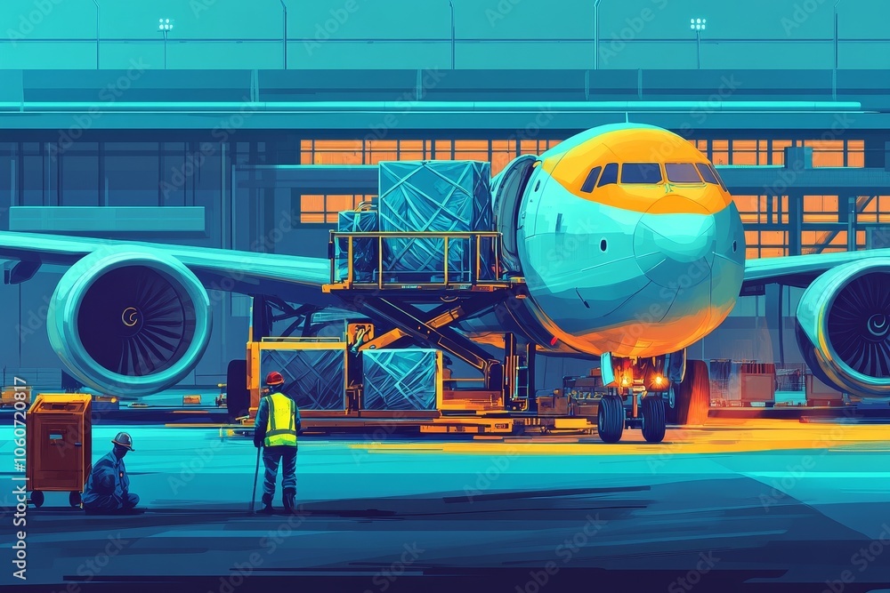 Airport workers loading cargo onto airplane at night Airport workers loading cargo onto airplane at night