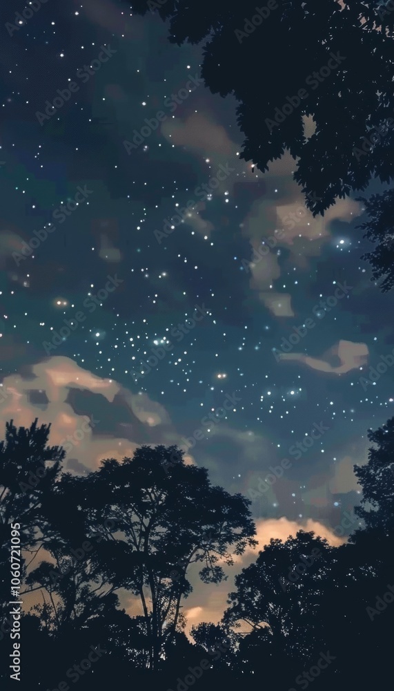 Fototapeta premium Captivating watercolor depiction of a starry night sky with wispy clouds and serene colors