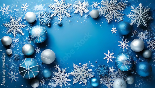 winter scene features blue background snowy snowflakes christmas ornaments surrounding festive holiday decorations photo