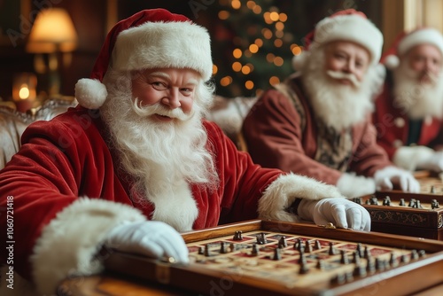 Three Santa Clauses enjoy a friendly chess game in an elegant Victorian-style parlor. photo