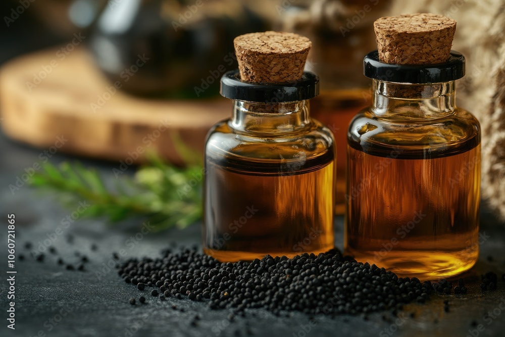Two bottles of black seed oil on a table. It can be used to make food, for beauty and hair care or in aromatherapy. Two bottles of black seed oil on a table. It can be used to make food, for beauty and hair care or in aromatherapy.