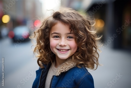 Portrait of a beautiful little girl with curly hair in the city