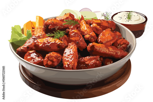 Buffalo chicken wings on plate with blue cheese sauce and celery.