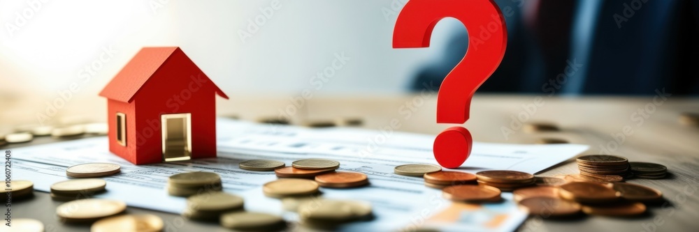 Small red house model, stack of coins, question mark, financial concept, real estate investment, property market, home buying decision, mortgage, savings, blurred background, close-up view, selective Small red house model, stack of coins, question mark, financial concept, real estate investment, property market, home buying decision, mortgage, savings, blurred background, close-up view, selective