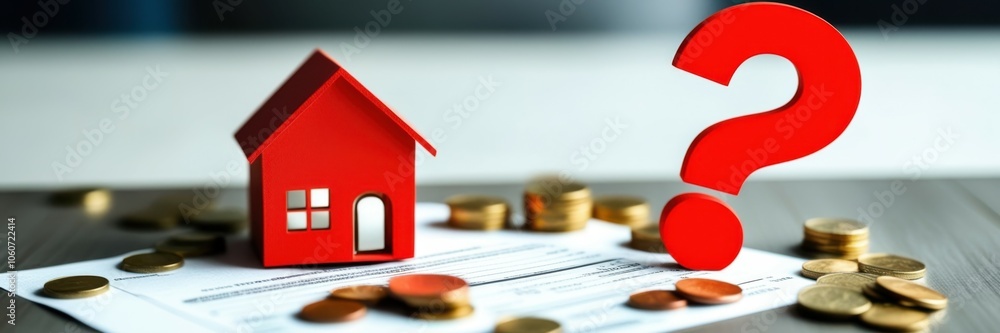 Small red house model, stack of coins, question mark, financial concept, real estate investment, property market, home buying decision, mortgage, savings, blurred background, close-up view, selective Small red house model, stack of coins, question mark, financial concept, real estate investment, property market, home buying decision, mortgage, savings, blurred background, close-up view, selective