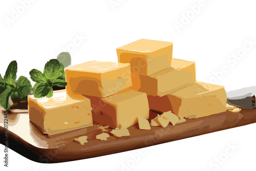 Parmesan cheese slice with salad leaves over the wooden background