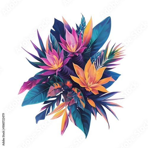 A vibrant arrangement of tropical flowers and leaves in bright colors.