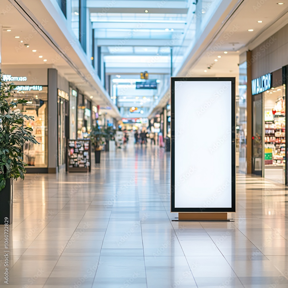 A spacious shopping mall interior showcasing a blank advertisement display, with shops and greenery enhancing the modern shopping experience. A spacious shopping mall interior showcasing a blank advertisement display, with shops and greenery enhancing the modern shopping experience.