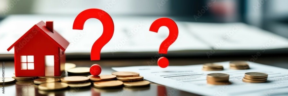Small red house model, stack of coins, question mark, financial concept, real estate investment, property market, home buying decision, mortgage, savings, blurred background, close-up view, selective 