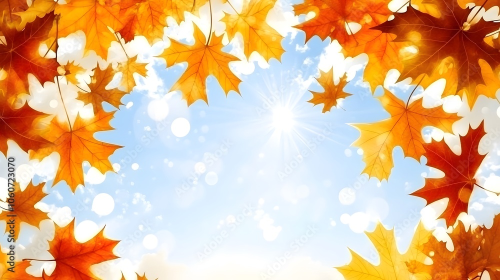 A serene autumn scene with vibrant orange leaves framing a bright blue sky and sunlight. A serene autumn scene with vibrant orange leaves framing a bright blue sky and sunlight.