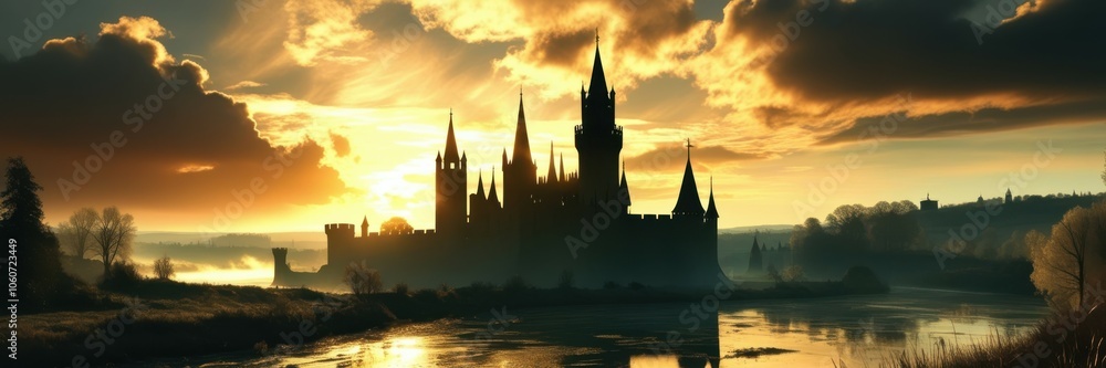 Naklejka premium Ethereal island silhouette, tranquil lake reflection, golden sunset sky, dramatic clouds, panoramic landscape, serene atmosphere, towering spires, dreamlike scenery, fantasy realm, mystical horizon, c