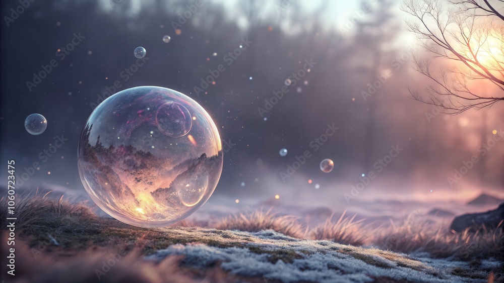A Mystical Sphere Levitating Above Frosty Ground in a Serene Landscape. Generative AI A Mystical Sphere Levitating Above Frosty Ground in a Serene Landscape. Generative AI