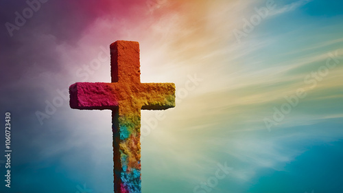 Christian Cross on a Vibrant Colorful Background, ai image
