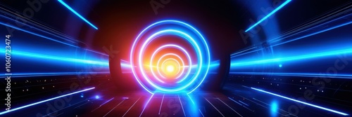 Futuristic neon tunnel, glowing blue circular portal, sci-fi corridor, orange energy beams, high-tech spaceship interior, cyberpunk aesthetic, motion blur, dark background, vibrant colors, symmetrical