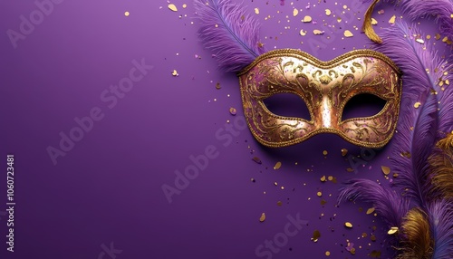 Celebrate Mardi Gras with a vibrant masquerade mask on a purple background