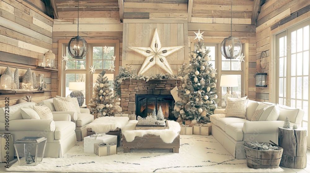 Fototapeta premium Christmas living room interior with fireplace, Christmas tree and gifts. 3d visualization.
