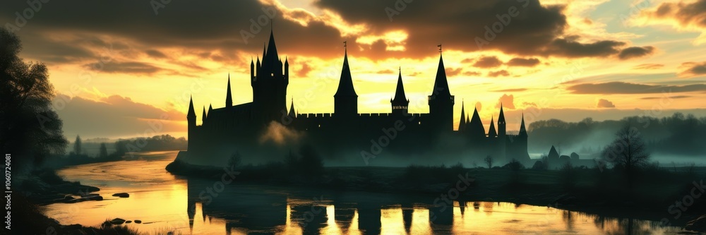 Naklejka premium Ethereal island silhouette, tranquil lake reflection, golden sunset sky, dramatic clouds, panoramic landscape, serene atmosphere, towering spires, dreamlike scenery, fantasy realm, mystical horizon, c