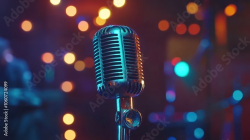 Microphone is on a stand in front of a colorful background