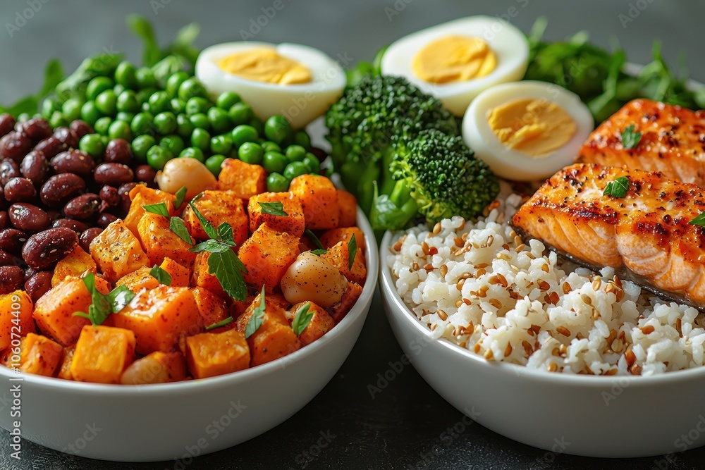 A Close-Up View of a Colorful and Healthy Bowl of Salmon, Rice, Sweet Potatoes, and Vegetables A Close-Up View of a Colorful and Healthy Bowl of Salmon, Rice, Sweet Potatoes, and Vegetables
