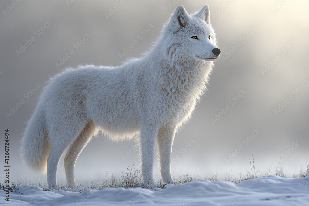 Naklejka premium Arctic wolf in a snow-covered landscape with misty atmosphere, showcasing luxurious white fur and strong physique. Serene and tranquil, suitable for wildlife photography and animal conservation.