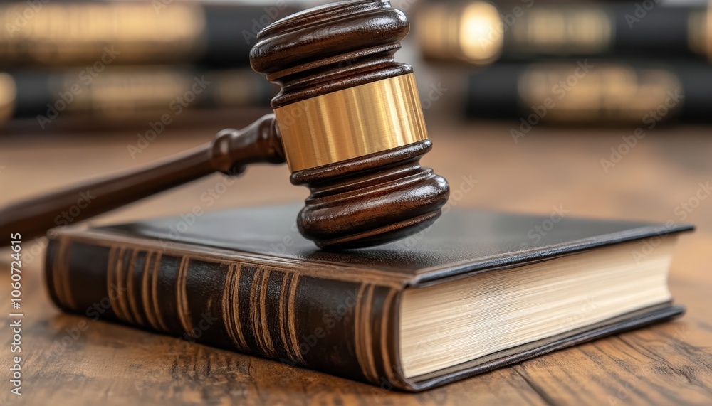Judge writing a report in a courtroom with a gavel on a law book Judge writing a report in a courtroom with a gavel on a law book
