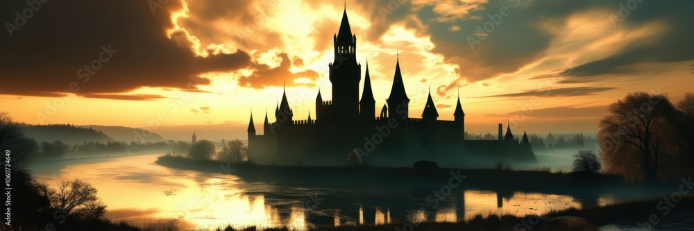 Fototapeta premium Ethereal island silhouette, tranquil lake reflection, golden sunset sky, dramatic clouds, panoramic landscape, serene atmosphere, towering spires, dreamlike scenery, fantasy realm, mystical horizon, c