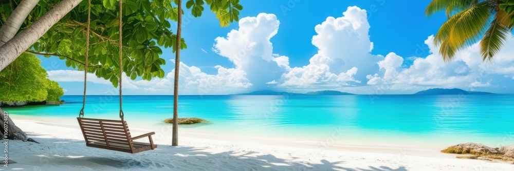 Fototapeta premium Tropical paradise, pristine white sand beach, crystal clear turquoise water, palm trees, wooden swing, lush foliage, sunny blue sky, fluffy white clouds, idyllic island getaway, panoramic view, serene