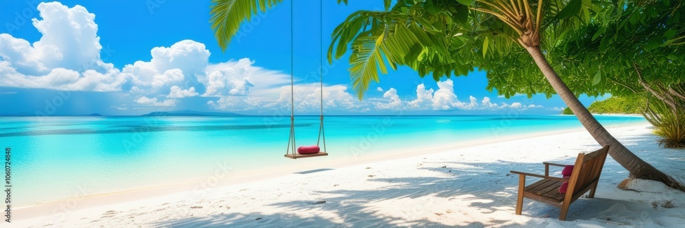 Naklejka premium Tropical paradise, pristine white sand beach, crystal clear turquoise water, palm trees, wooden swing, lush foliage, sunny blue sky, fluffy white clouds, idyllic island getaway, panoramic view, serene