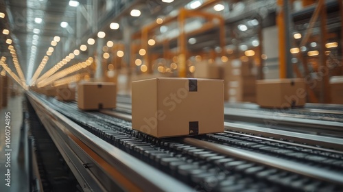 closeup of multiple cardboard boxes smoothly moving along a conveyor belt in a warehouse highlighting the efficiency of ecommerce and modern delivery systems