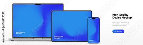 Modern laptop mockup front view and high quality smartphone and tablet mockup isolated on white background. Notebook mockup and phone device mockup for ui ux app and website presentation.Stock Vector.