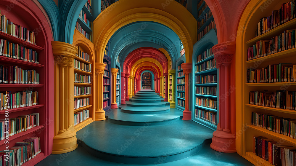 A Brightly Colored Library with Rows of Bookshelves Filled with Diverse Books
A Brightly Colored Library with Rows of Bookshelves Filled with Diverse Books