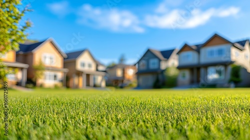 blured row of houses in a suburban neighborhood with green grass photo