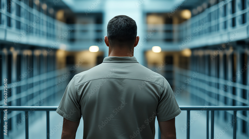 Man observing prison corridor, deep in thought about justice and reform.