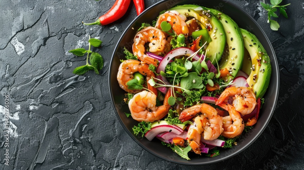 Avocado and shrimp salad in a bowl, top view with space for text Avocado and shrimp salad in a bowl, top view with space for text