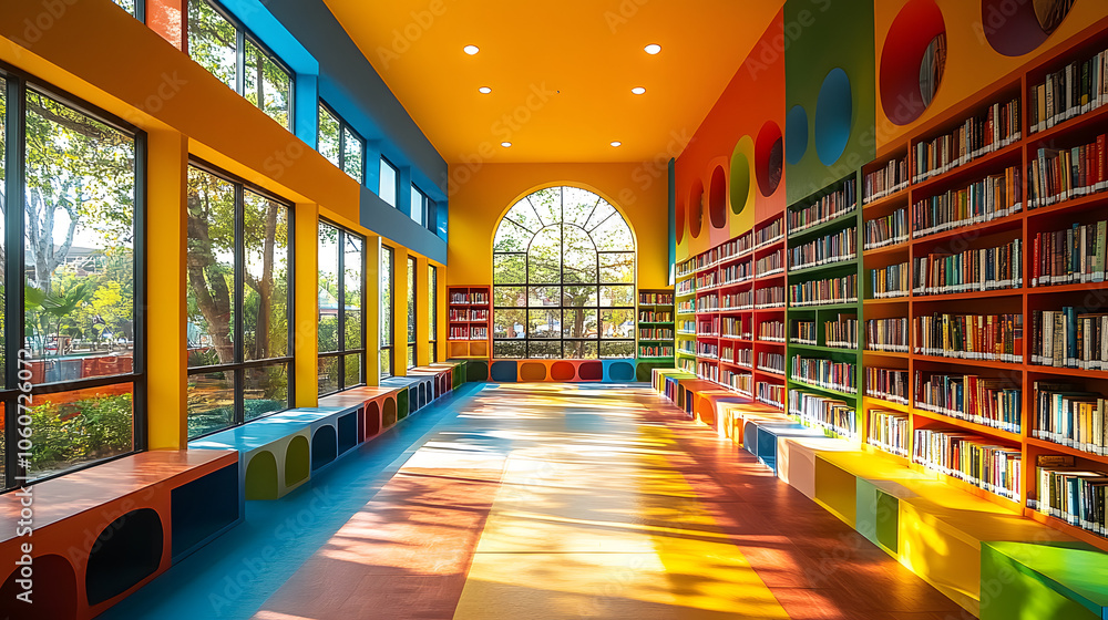 A Brightly Colored Library with Rows of Bookshelves Filled with Diverse Books
A Brightly Colored Library with Rows of Bookshelves Filled with Diverse Books