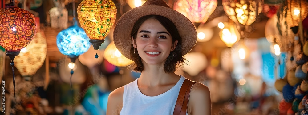 A photograph of an attractive young woman in her early thirties, standing amidst the vibrant and bustling atmosphere of an earthy-colored bohemian market shop with hanging lights A photograph of an attractive young woman in her early thirties, standing amidst the vibrant and bustling atmosphere of an earthy-colored bohemian market shop with hanging lights