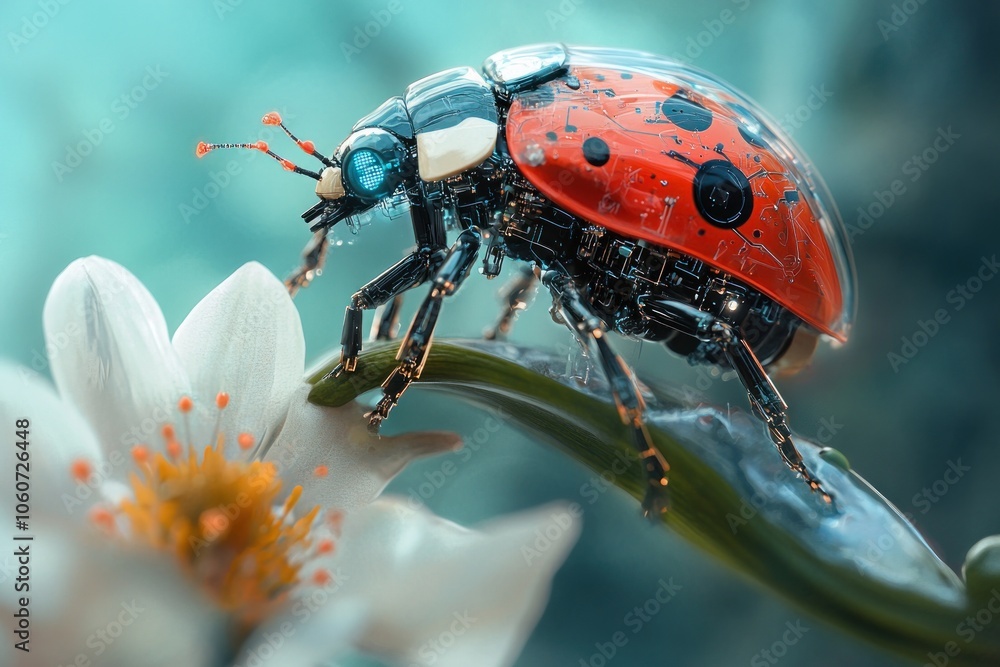 Obraz premium A Mechanical Ladybug Perched on a Delicate Flower