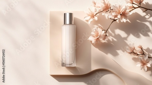 Elegant skincare product mockup on a minimalist display with soft shadows, surrounded by delicate cherry blossoms. Perfect for beauty, cosmetics, and skincare branding or advertising.