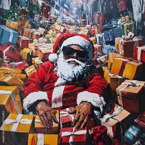 Santa's Modern Mission: In his stylish sunglasses and leather gloves, Santa reviews his extensive collection of gifts, meticulously planning his route to bring joy to children worldwide on this specia photo