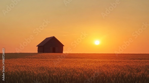 A small, dark wooden house sits in a golden wheat field at sunset. Large sun is visible.