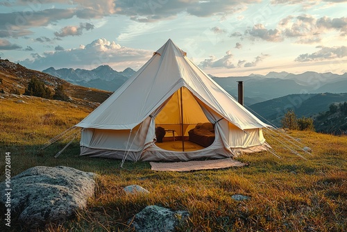 A Spacious Tent on a Mountain Peak at Sunset